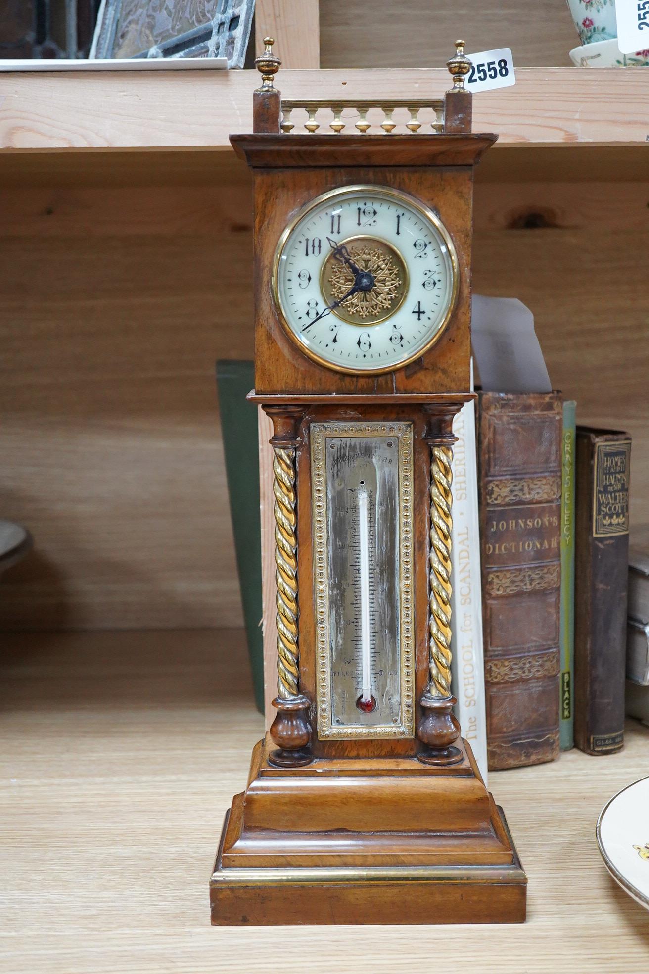 A miniature olivewood longcase timepiece with thermometer, 46cm high